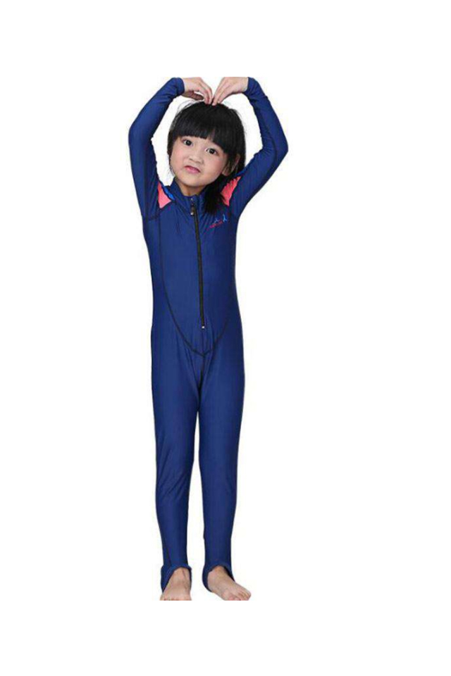 Girls Zipper Up Full Body Swimwear – Stirrup Wetsuit, Polyamide & Elastane, Multicoloured
