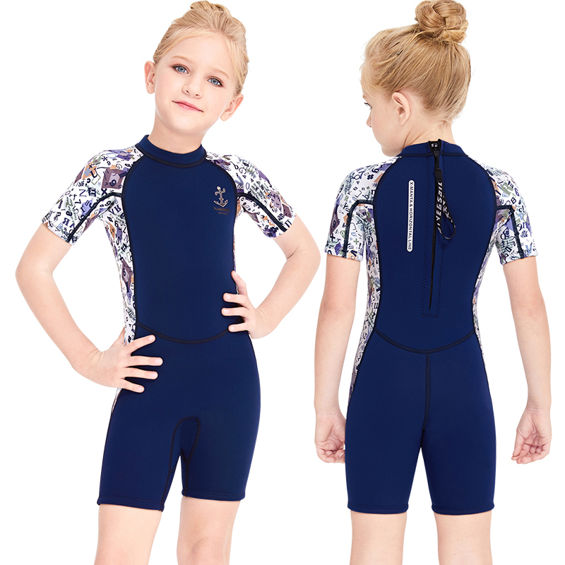 DIVE & SAIL Girls 2.5mm Short Sleeve Keep Warm One-piece Colorful Wetsuit for Swimming Scuba Diving