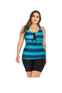 XC Women's Two Piece Plus Size Tummy Control Stripe Vest Swim Set